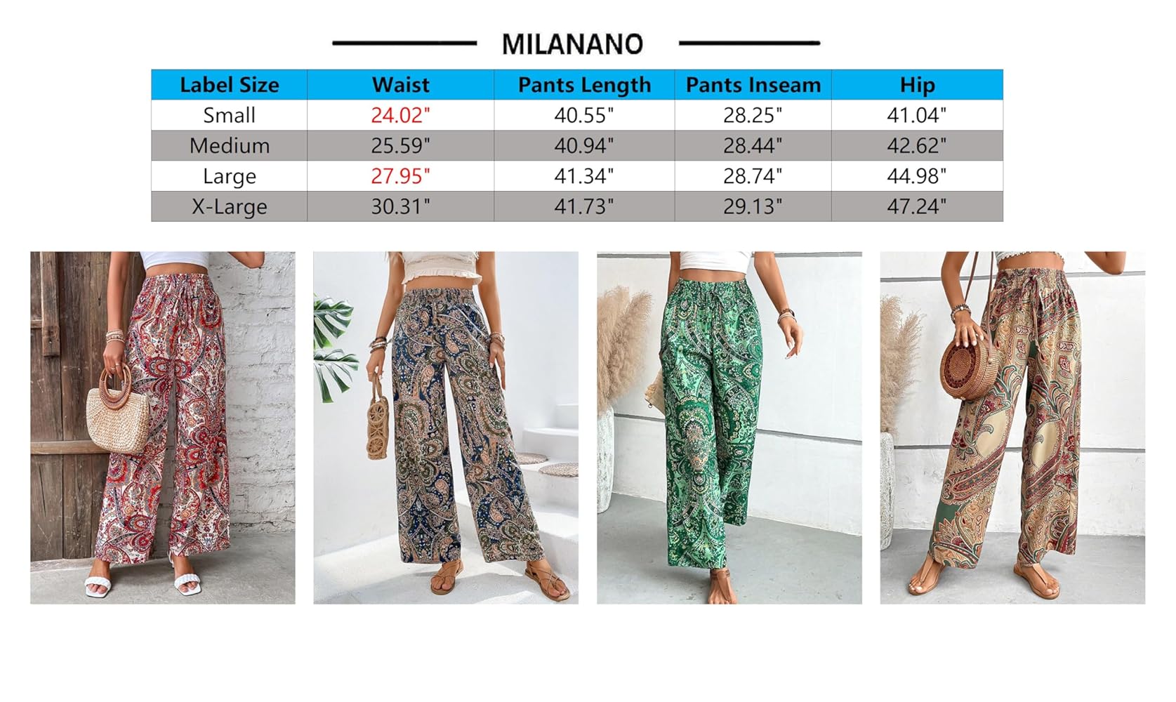Milanano Flowy Pants, Womens Boho Pant High Waisted Wide Leg